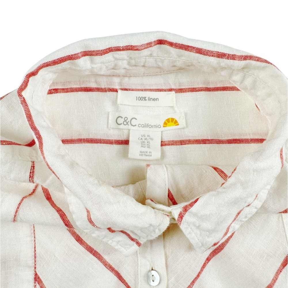 Women's C & C California Striped 100% Linen Shirt Size XL White Coral Pink - Picture 6 of 7